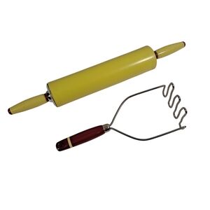 Vintage Melamine Yellow Rolling Pin With Red Handles Potato Masher